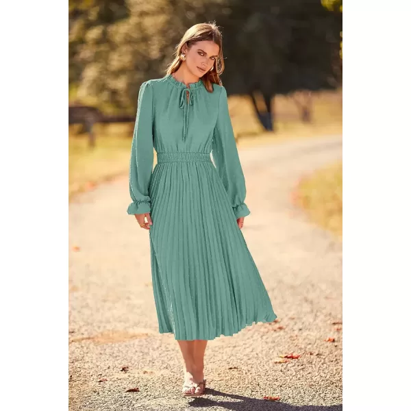 imagePRETTYGARDEN Womens 2024 Fall Midi Dress Casual Long Sleeve V Neck Swiss Dot Pleated A Line Flowy DressesGreen