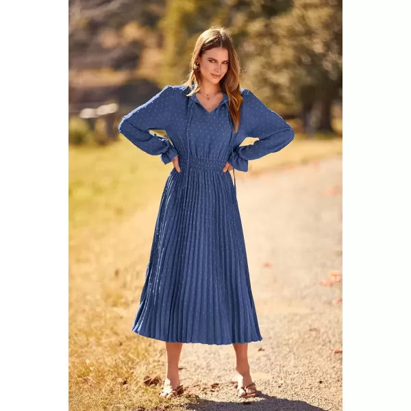 imagePRETTYGARDEN Womens 2024 Fall Midi Dress Casual Long Sleeve V Neck Swiss Dot Pleated A Line Flowy DressesGrey Blue
