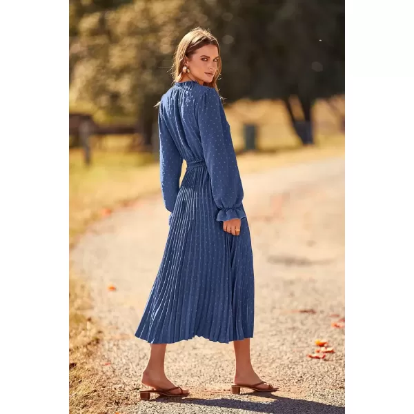 imagePRETTYGARDEN Womens 2024 Fall Midi Dress Casual Long Sleeve V Neck Swiss Dot Pleated A Line Flowy DressesGrey Blue
