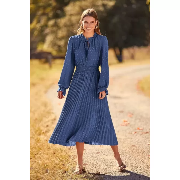 imagePRETTYGARDEN Womens 2024 Fall Midi Dress Casual Long Sleeve V Neck Swiss Dot Pleated A Line Flowy DressesGrey Blue