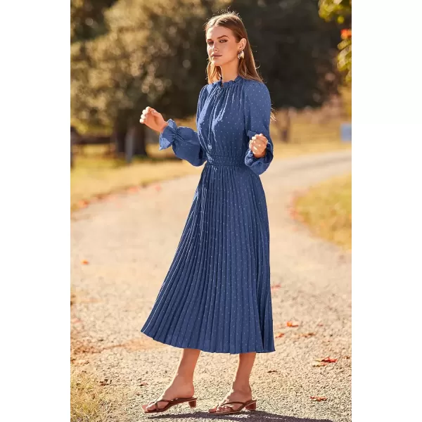 imagePRETTYGARDEN Womens 2024 Fall Midi Dress Casual Long Sleeve V Neck Swiss Dot Pleated A Line Flowy DressesGrey Blue