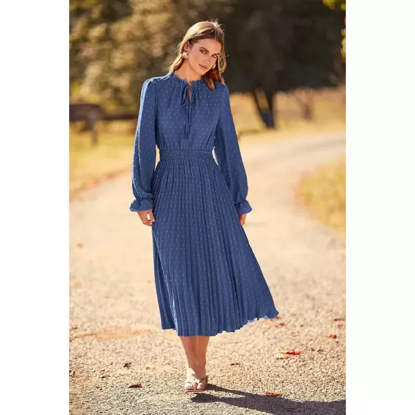 imagePRETTYGARDEN Womens 2024 Fall Midi Dress Casual Long Sleeve V Neck Swiss Dot Pleated A Line Flowy DressesGrey Blue