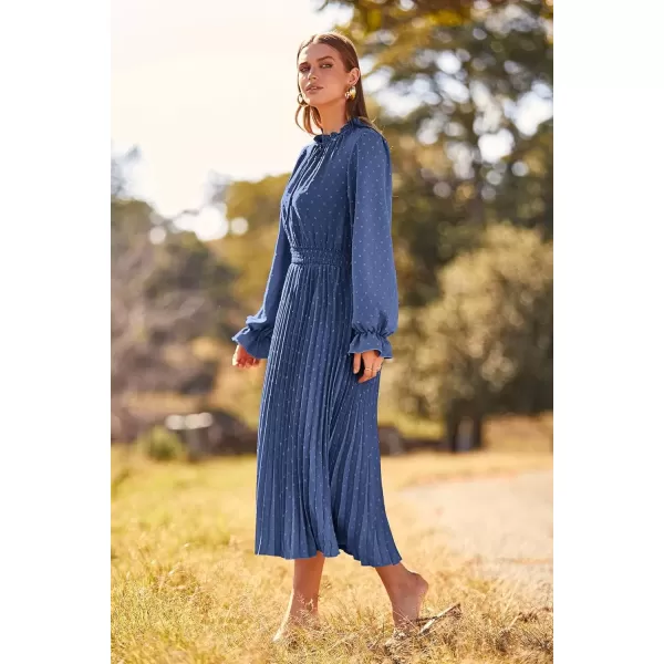 imagePRETTYGARDEN Womens 2024 Fall Midi Dress Casual Long Sleeve V Neck Swiss Dot Pleated A Line Flowy DressesGrey Blue