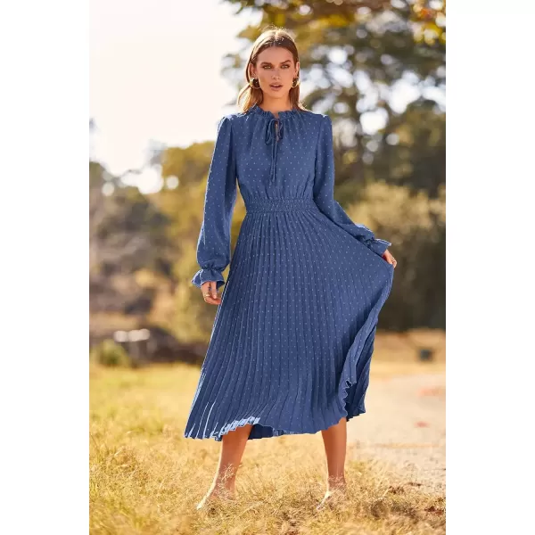 imagePRETTYGARDEN Womens 2024 Fall Midi Dress Casual Long Sleeve V Neck Swiss Dot Pleated A Line Flowy DressesGrey Blue