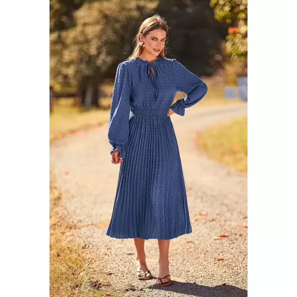 imagePRETTYGARDEN Womens 2024 Fall Midi Dress Casual Long Sleeve V Neck Swiss Dot Pleated A Line Flowy DressesGrey Blue