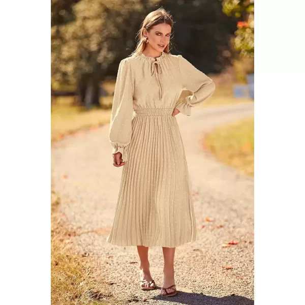 imagePRETTYGARDEN Womens 2024 Fall Midi Dress Casual Long Sleeve V Neck Swiss Dot Pleated A Line Flowy DressesKhaki