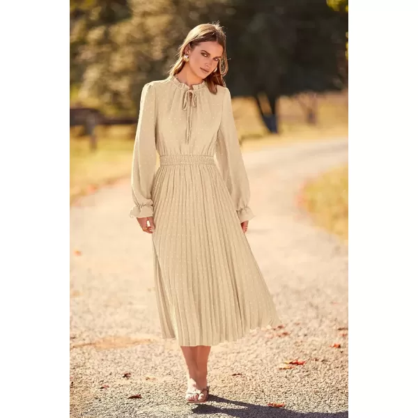imagePRETTYGARDEN Womens 2024 Fall Midi Dress Casual Long Sleeve V Neck Swiss Dot Pleated A Line Flowy DressesKhaki