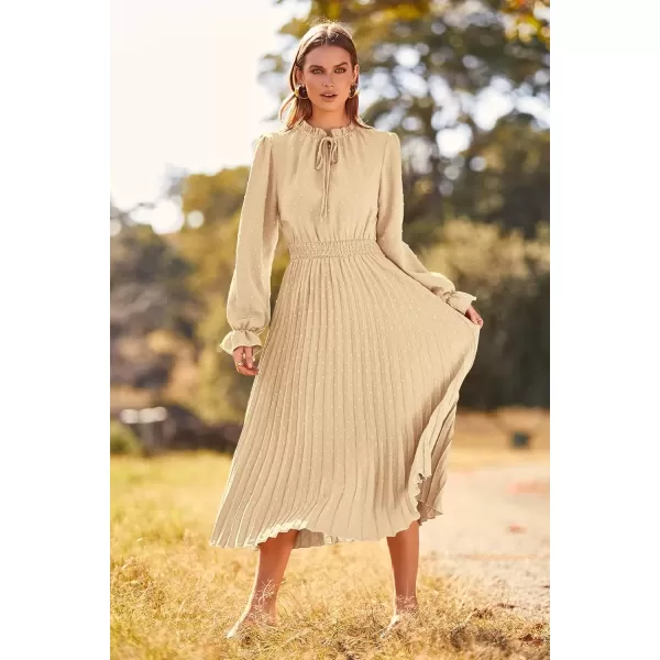 imagePRETTYGARDEN Womens 2024 Fall Midi Dress Casual Long Sleeve V Neck Swiss Dot Pleated A Line Flowy DressesKhaki