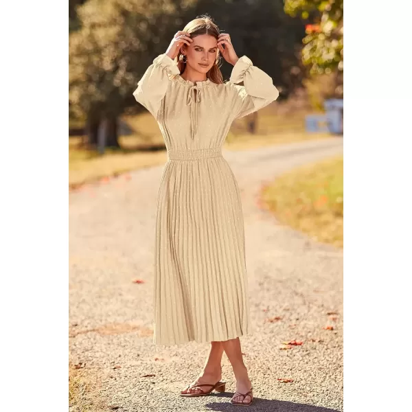 imagePRETTYGARDEN Womens 2024 Fall Midi Dress Casual Long Sleeve V Neck Swiss Dot Pleated A Line Flowy DressesKhaki