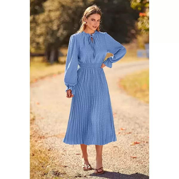 imagePRETTYGARDEN Womens 2024 Fall Midi Dress Casual Long Sleeve V Neck Swiss Dot Pleated A Line Flowy DressesLight Blue