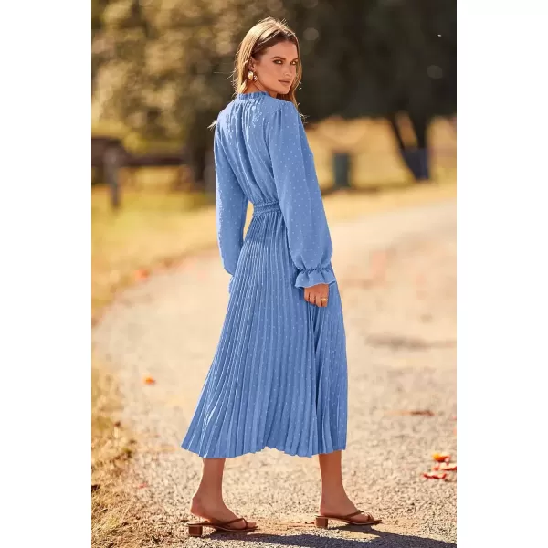 imagePRETTYGARDEN Womens 2024 Fall Midi Dress Casual Long Sleeve V Neck Swiss Dot Pleated A Line Flowy DressesLight Blue