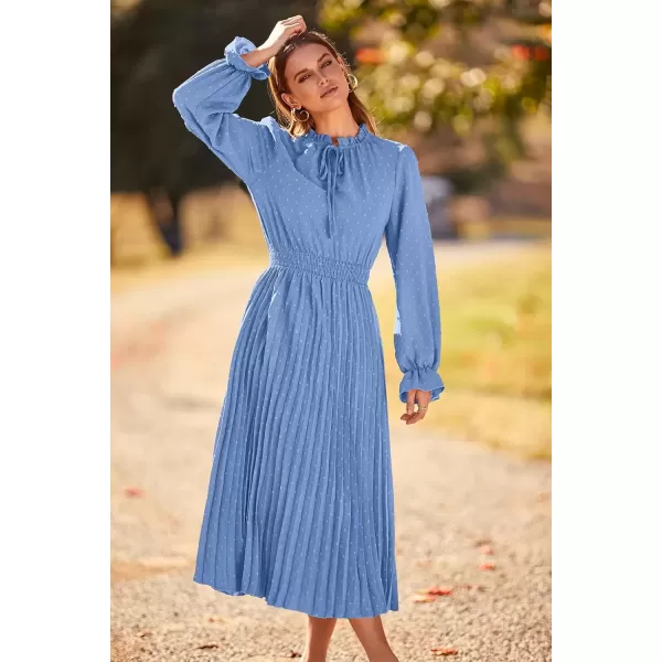 imagePRETTYGARDEN Womens 2024 Fall Midi Dress Casual Long Sleeve V Neck Swiss Dot Pleated A Line Flowy DressesLight Blue