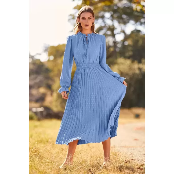 imagePRETTYGARDEN Womens 2024 Fall Midi Dress Casual Long Sleeve V Neck Swiss Dot Pleated A Line Flowy DressesLight Blue