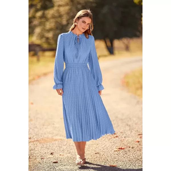 imagePRETTYGARDEN Womens 2024 Fall Midi Dress Casual Long Sleeve V Neck Swiss Dot Pleated A Line Flowy DressesLight Blue