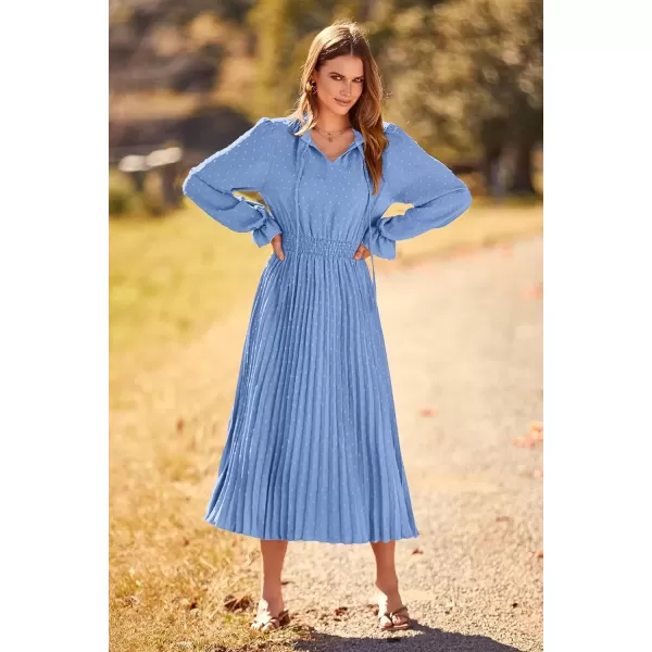 imagePRETTYGARDEN Womens 2024 Fall Midi Dress Casual Long Sleeve V Neck Swiss Dot Pleated A Line Flowy DressesLight Blue