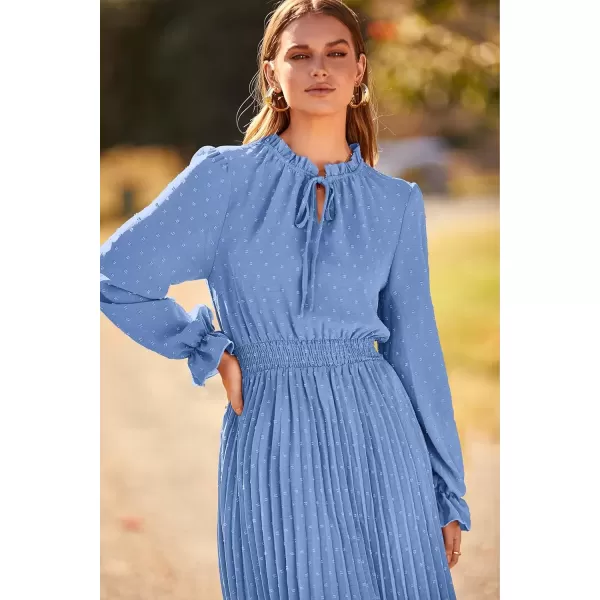 imagePRETTYGARDEN Womens 2024 Fall Midi Dress Casual Long Sleeve V Neck Swiss Dot Pleated A Line Flowy DressesLight Blue