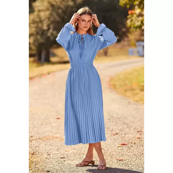 imagePRETTYGARDEN Womens 2024 Fall Midi Dress Casual Long Sleeve V Neck Swiss Dot Pleated A Line Flowy DressesLight Blue