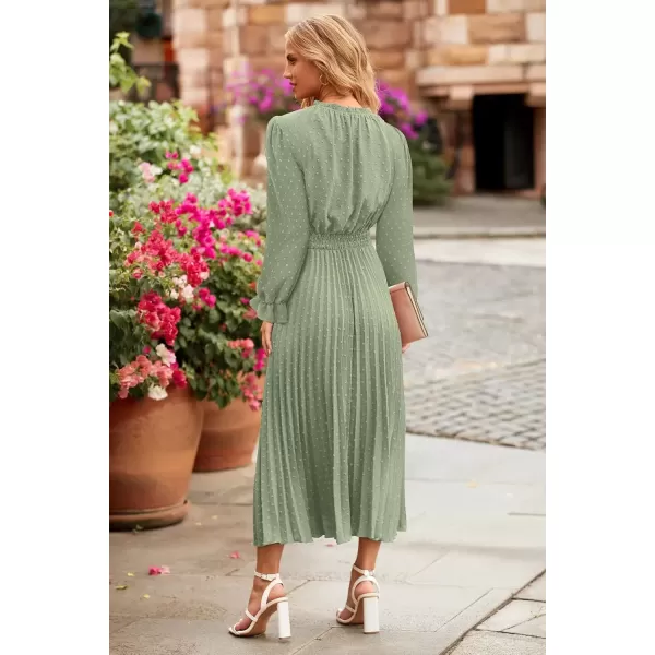 imagePRETTYGARDEN Womens 2024 Fall Midi Dress Casual Long Sleeve V Neck Swiss Dot Pleated A Line Flowy DressesLight Green
