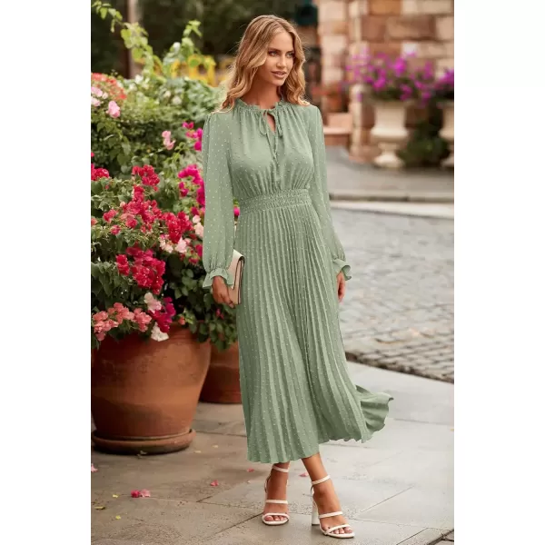 imagePRETTYGARDEN Womens 2024 Fall Midi Dress Casual Long Sleeve V Neck Swiss Dot Pleated A Line Flowy DressesLight Green
