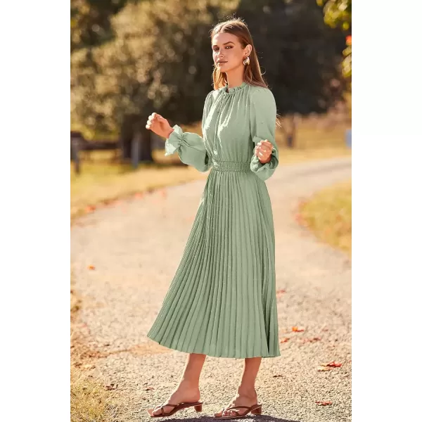 imagePRETTYGARDEN Womens 2024 Fall Midi Dress Casual Long Sleeve V Neck Swiss Dot Pleated A Line Flowy DressesLight Green