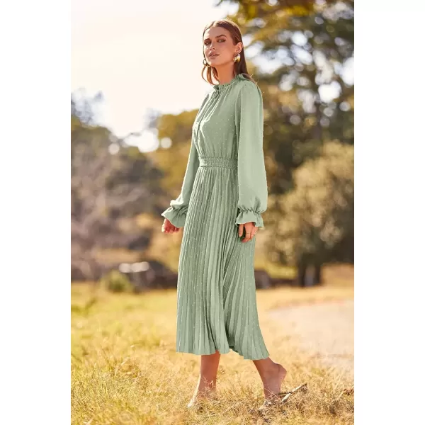 imagePRETTYGARDEN Womens 2024 Fall Midi Dress Casual Long Sleeve V Neck Swiss Dot Pleated A Line Flowy DressesLight Green