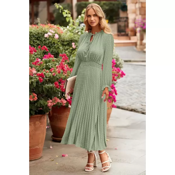 imagePRETTYGARDEN Womens 2024 Fall Midi Dress Casual Long Sleeve V Neck Swiss Dot Pleated A Line Flowy DressesLight Green