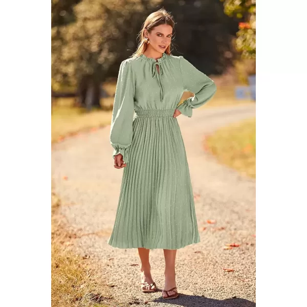 imagePRETTYGARDEN Womens 2024 Fall Midi Dress Casual Long Sleeve V Neck Swiss Dot Pleated A Line Flowy DressesLight Green