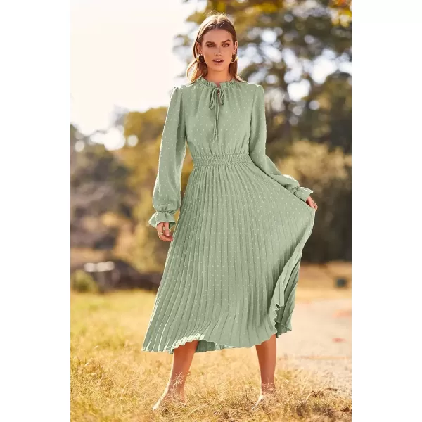 imagePRETTYGARDEN Womens 2024 Fall Midi Dress Casual Long Sleeve V Neck Swiss Dot Pleated A Line Flowy DressesLight Green