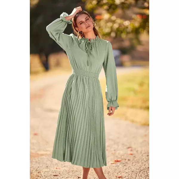 imagePRETTYGARDEN Womens 2024 Fall Midi Dress Casual Long Sleeve V Neck Swiss Dot Pleated A Line Flowy DressesLight Green