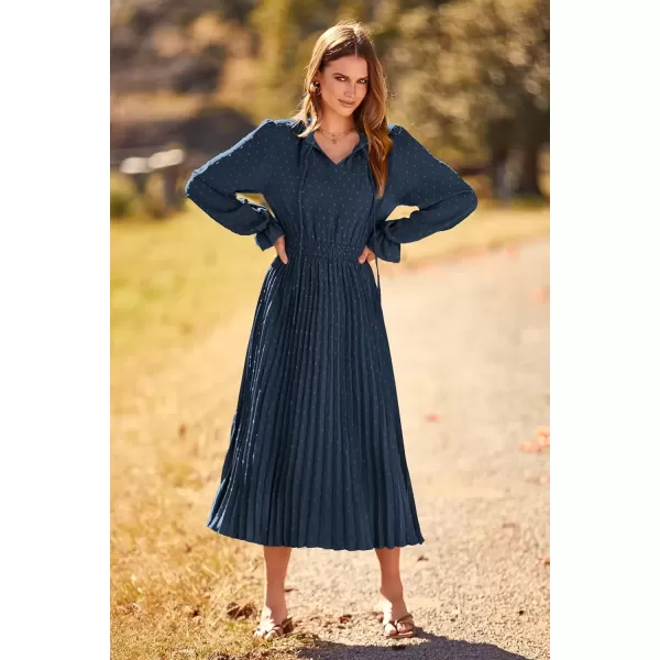 imagePRETTYGARDEN Womens 2024 Fall Midi Dress Casual Long Sleeve V Neck Swiss Dot Pleated A Line Flowy DressesNavy