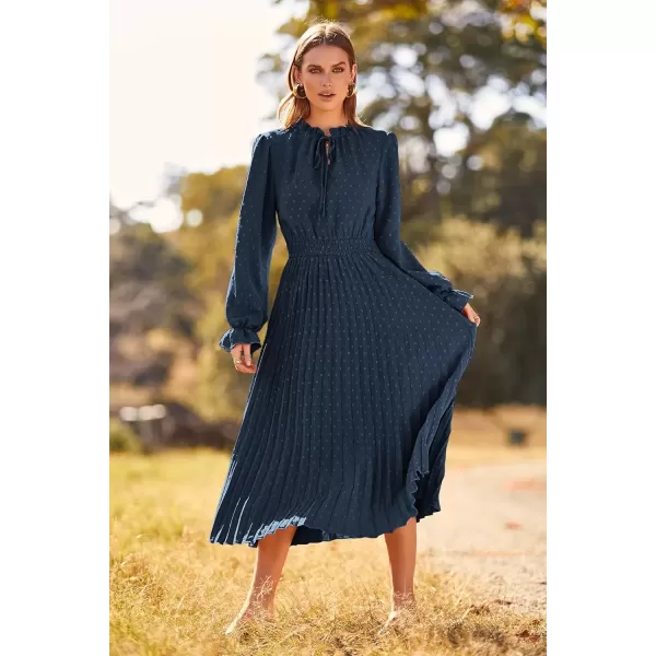imagePRETTYGARDEN Womens 2024 Fall Midi Dress Casual Long Sleeve V Neck Swiss Dot Pleated A Line Flowy DressesNavy
