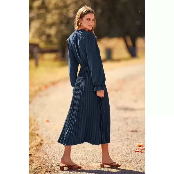 imagePRETTYGARDEN Womens 2024 Fall Midi Dress Casual Long Sleeve V Neck Swiss Dot Pleated A Line Flowy DressesNavy