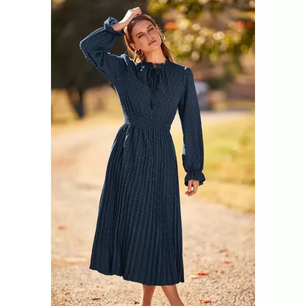 imagePRETTYGARDEN Womens 2024 Fall Midi Dress Casual Long Sleeve V Neck Swiss Dot Pleated A Line Flowy DressesNavy