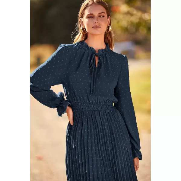 imagePRETTYGARDEN Womens 2024 Fall Midi Dress Casual Long Sleeve V Neck Swiss Dot Pleated A Line Flowy DressesNavy
