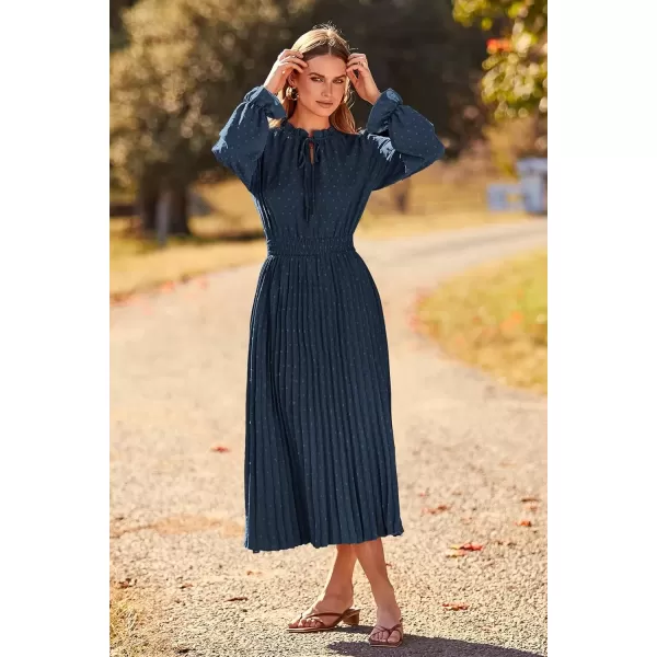 imagePRETTYGARDEN Womens 2024 Fall Midi Dress Casual Long Sleeve V Neck Swiss Dot Pleated A Line Flowy DressesNavy