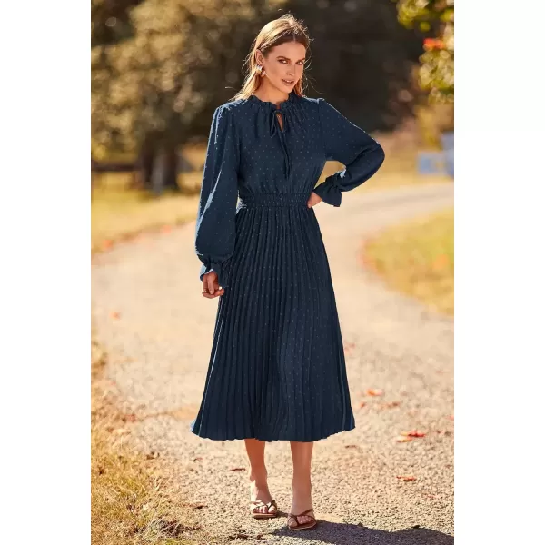 imagePRETTYGARDEN Womens 2024 Fall Midi Dress Casual Long Sleeve V Neck Swiss Dot Pleated A Line Flowy DressesNavy