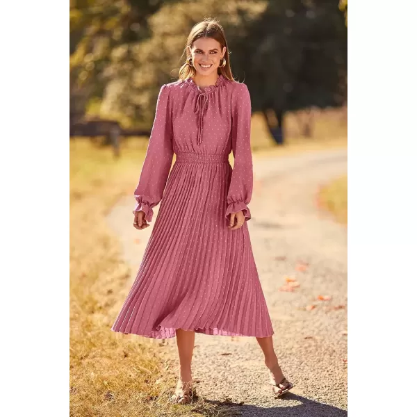 imagePRETTYGARDEN Womens 2024 Fall Midi Dress Casual Long Sleeve V Neck Swiss Dot Pleated A Line Flowy DressesPink