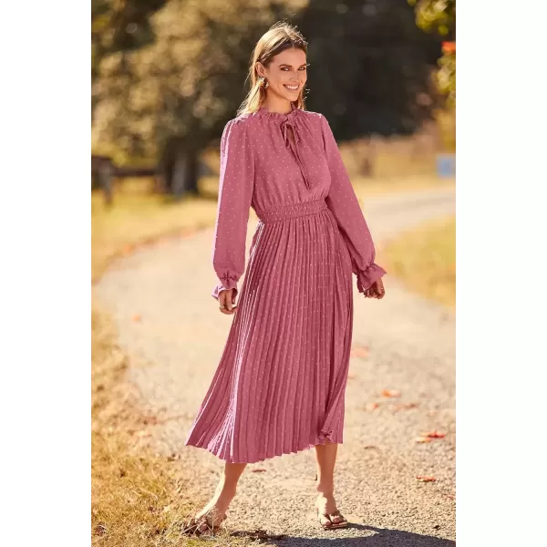 imagePRETTYGARDEN Womens 2024 Fall Midi Dress Casual Long Sleeve V Neck Swiss Dot Pleated A Line Flowy DressesPink