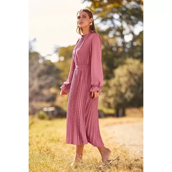 imagePRETTYGARDEN Womens 2024 Fall Midi Dress Casual Long Sleeve V Neck Swiss Dot Pleated A Line Flowy DressesPink