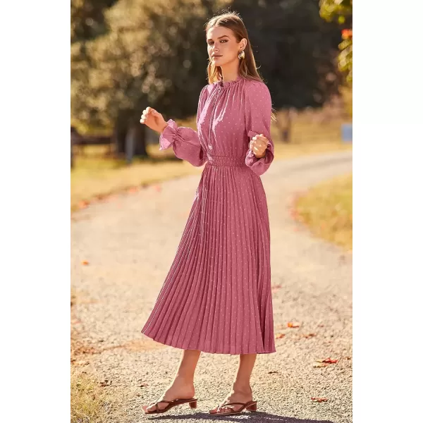 imagePRETTYGARDEN Womens 2024 Fall Midi Dress Casual Long Sleeve V Neck Swiss Dot Pleated A Line Flowy DressesPink