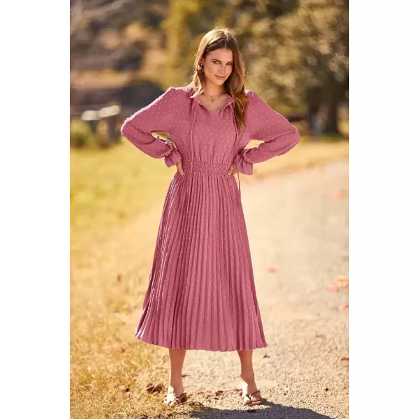 imagePRETTYGARDEN Womens 2024 Fall Midi Dress Casual Long Sleeve V Neck Swiss Dot Pleated A Line Flowy DressesPink