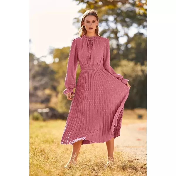 imagePRETTYGARDEN Womens 2024 Fall Midi Dress Casual Long Sleeve V Neck Swiss Dot Pleated A Line Flowy DressesPink