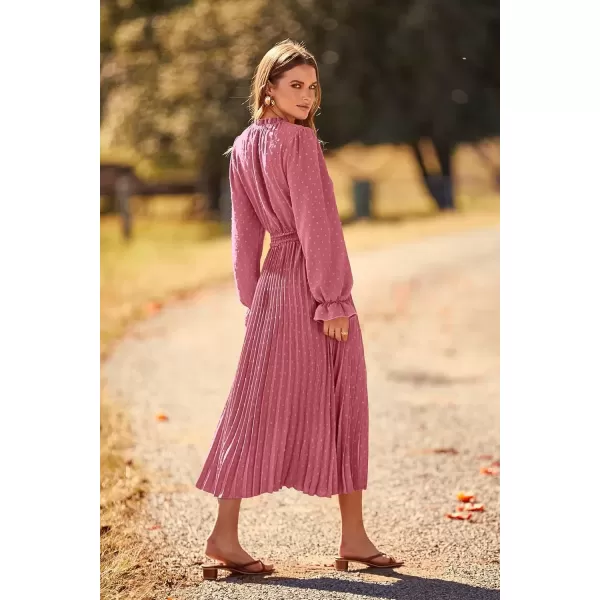 imagePRETTYGARDEN Womens 2024 Fall Midi Dress Casual Long Sleeve V Neck Swiss Dot Pleated A Line Flowy DressesPink