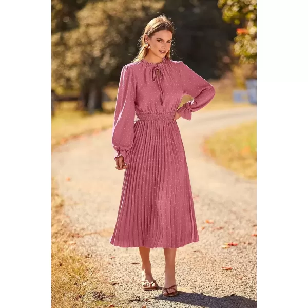 imagePRETTYGARDEN Womens 2024 Fall Midi Dress Casual Long Sleeve V Neck Swiss Dot Pleated A Line Flowy DressesPink