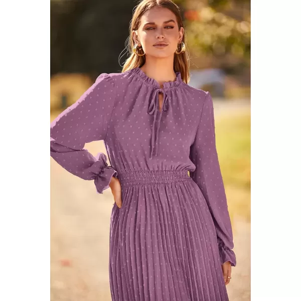 imagePRETTYGARDEN Womens 2024 Fall Midi Dress Casual Long Sleeve V Neck Swiss Dot Pleated A Line Flowy DressesPurple