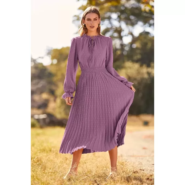 imagePRETTYGARDEN Womens 2024 Fall Midi Dress Casual Long Sleeve V Neck Swiss Dot Pleated A Line Flowy DressesPurple