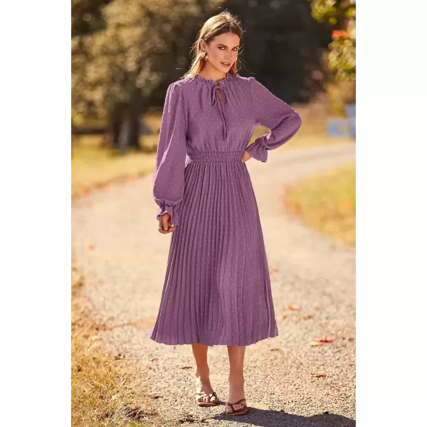 imagePRETTYGARDEN Womens 2024 Fall Midi Dress Casual Long Sleeve V Neck Swiss Dot Pleated A Line Flowy DressesPurple