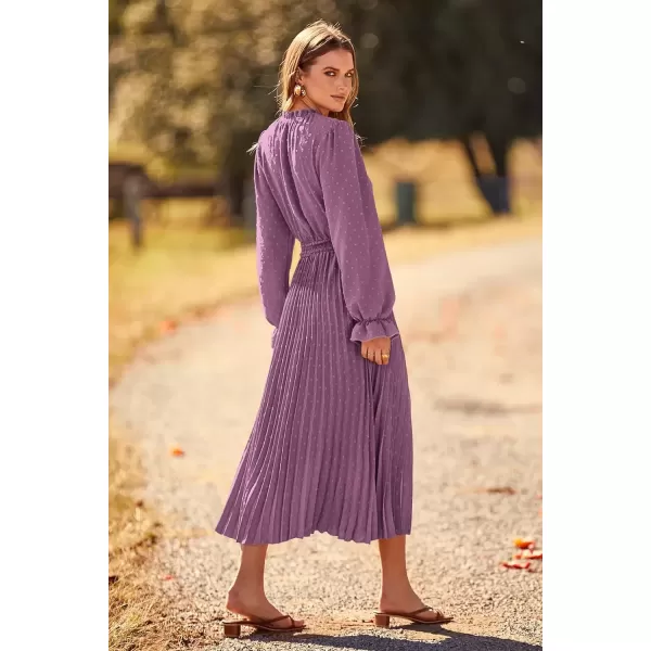 imagePRETTYGARDEN Womens 2024 Fall Midi Dress Casual Long Sleeve V Neck Swiss Dot Pleated A Line Flowy DressesPurple