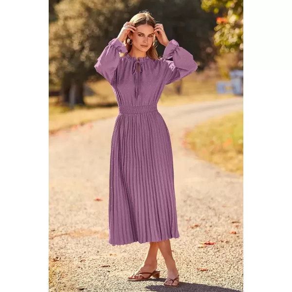 imagePRETTYGARDEN Womens 2024 Fall Midi Dress Casual Long Sleeve V Neck Swiss Dot Pleated A Line Flowy DressesPurple