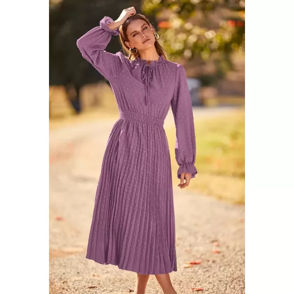 imagePRETTYGARDEN Womens 2024 Fall Midi Dress Casual Long Sleeve V Neck Swiss Dot Pleated A Line Flowy DressesPurple